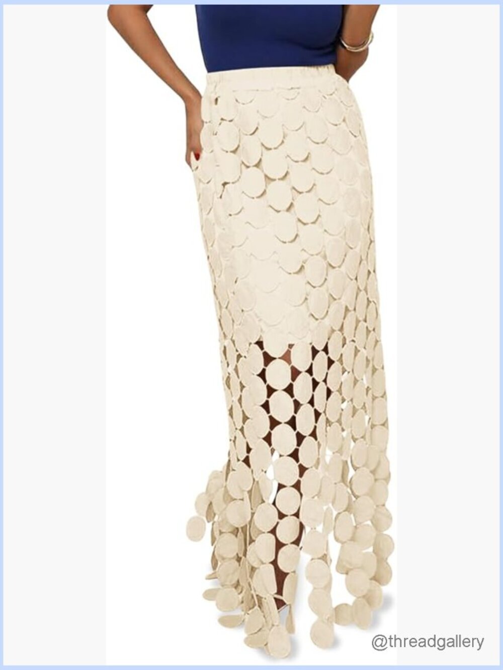 Hollow Out Maxi Skirt with Fringe Hem High Waisted Boho Long Skirt